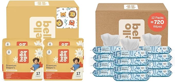 Hello Bello Diapers, Size 6 (35 lbs) Wild Cats, 68 Count Value Pack of Premium Disposable Baby Diapers, Hypoallergenic with Soft, Cloth-Like Feel + Extra Gentle Unscented Baby Wipes, 720 Count