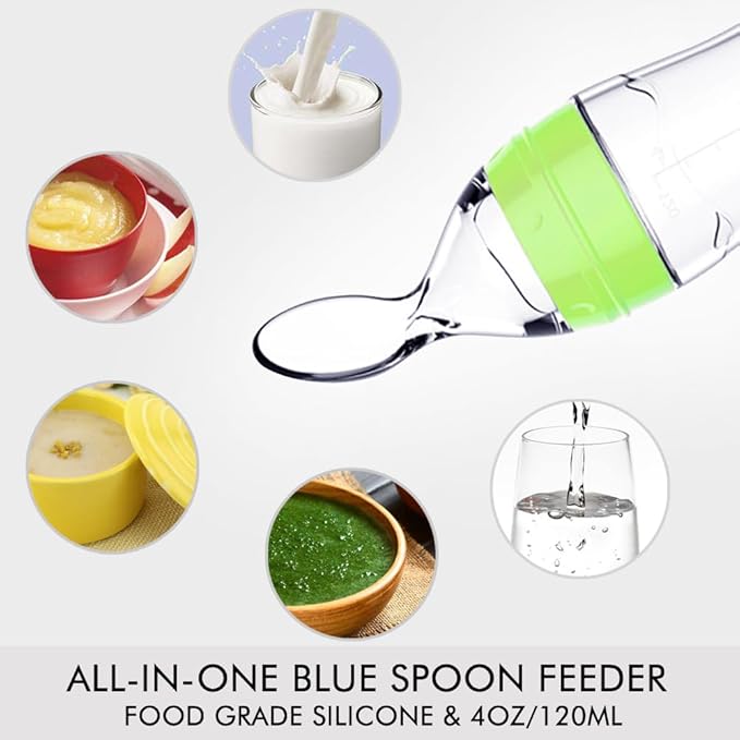 Matyz Silicone Baby Food Dispensing Spoon (Green, 4oz / 120ml) Squeeze Feeder with Spoon - Spoon Bottle for Baby - Baby Spoon Feeder Bottle Baby Solid Food Feeder - Ideal for 4 Months+ Babies