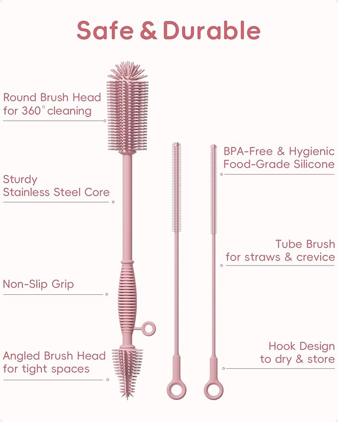 Baby Bottle Brush and Straw Cleaner Brush Set, Extra Long Double-Ended Soft Silicone Brush Cleaner for Baby Bottles, Water Bottles, Cups, Breast Pumps, Detachable & Hangable
