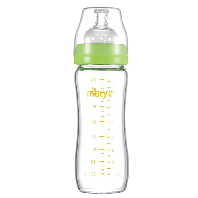 Matyz 8 Ounce Glass Baby Feeding Bottle With Nipple - Light and Slim, Easy to Hold and Clean - Food Grade Borosilicate Glass, Wide Neck for Breastmilk Feeding, No BPA (Green Lids)