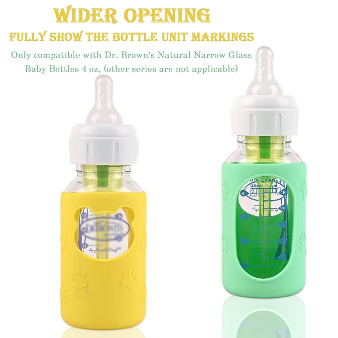 4 Pack Silicone Sleeves for Dr Brown's Glass Baby Bottles, Anti Breakage Baby Bottle Holder, Compatible Dr. Brown's Natural Narrow Glass Baby Bottles 4 oz, BPA Free (White+Blue+Green+Yellow)