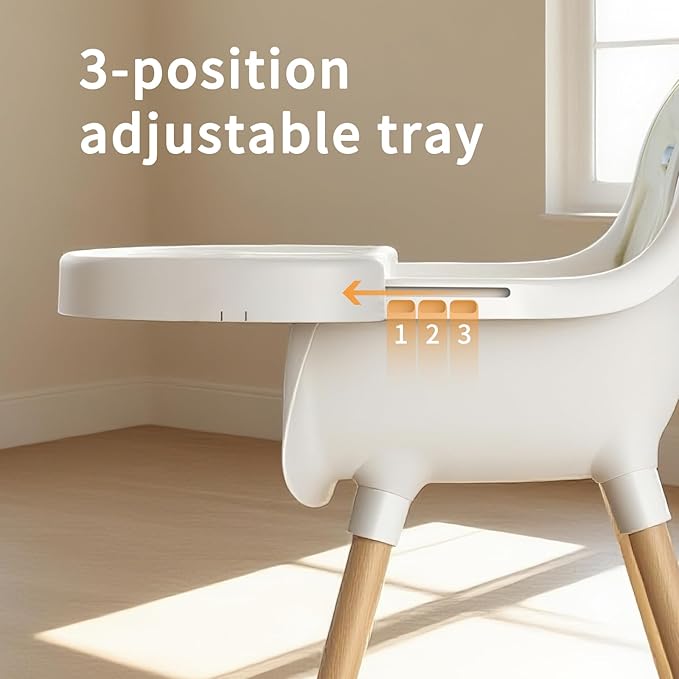 Baby High Chair, Wooden Highchair with Removable Tray, Adjustable Legs, Cushion, 5-Point Harness and Footrest for Infants, Baby, Toddlers, Cream