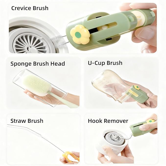 5 in 1 Bottle Cleaning Brush Set, Multifunctional Bottle Cleaning Brush Set, Water Bottle Cleaner Brush, Straw Cleaner Brush for Baby Bottles, 3 Replacement Sponge Brush Heads (White)