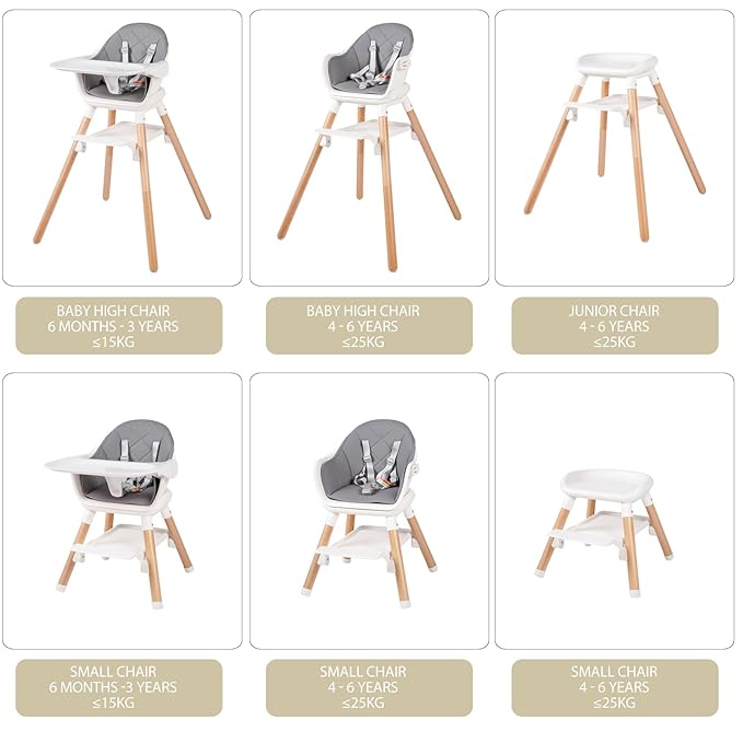 6 in 1 Baby High Chair, Convertible Wooden High Chairs/Booster Seat for Babies and Toddlers, Baby Feeding Chair with 5-Point Harness/Double Removable Tray & Adjustable Footrest (Grey)