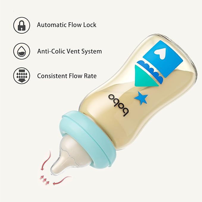 YOHKOH PPSU Baby Bottle Wide Neck, Newborn Anti-Colic Baby Bottle with Natural Response Nipple, Streamlined Body, Easy to Clean (8.8oz (Pack of 4), Blue)