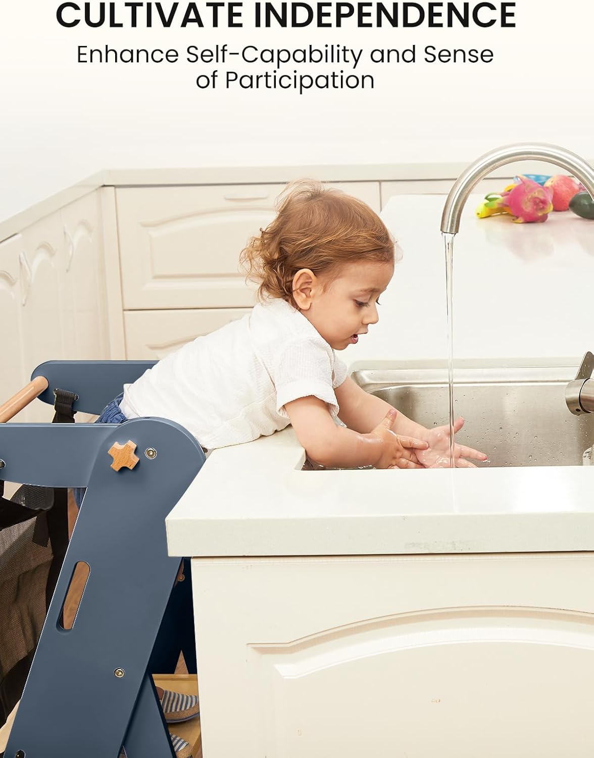 GROWNSY Foldable Step Stool Toddler Tower, Toddler Kitchen Stool Helper, Collapsible Kids Standing Learning Tower with 3 Adjustable Heights and Safety Net for Kitchen Bathroom Sink Counter (Blue Gray)