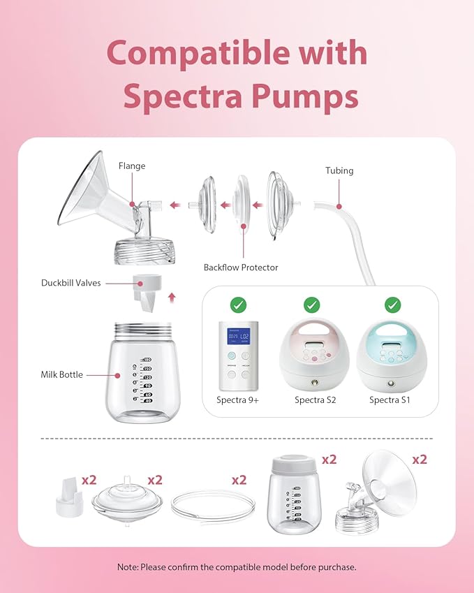 Breast Pump Parts Compatible with Spectra S1/S2/9 Plus, Not Original Accessories, Full Set Replacements Include 23mm Flanges, Valves, Backflow Protectors (Duckbills Included), Tubings and Bottles