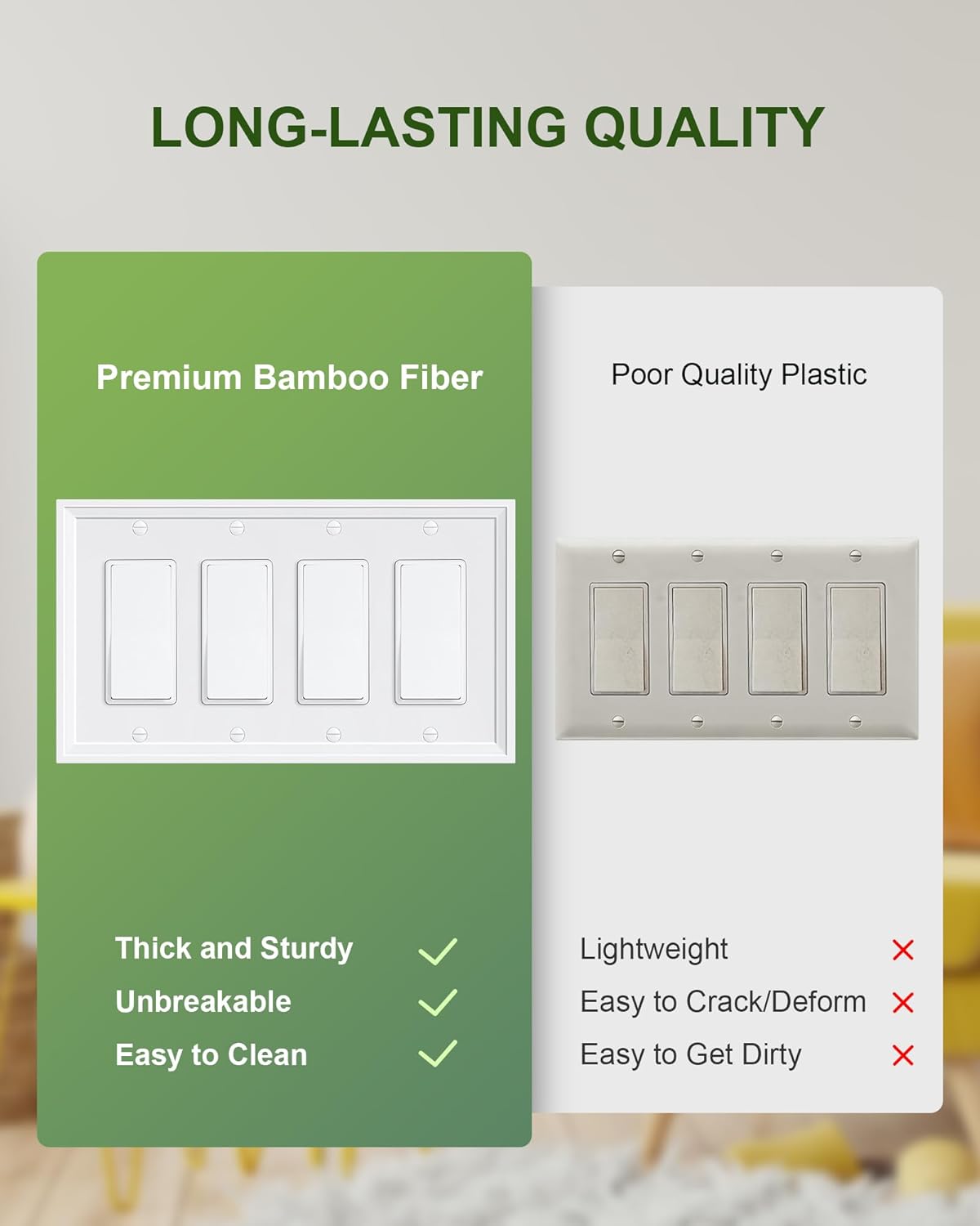 2-Pack Quad Decorator Outlet Cover Plate, White Decorative Switch Plates and Outlet Covers, Natural Bamboo Fiber Wall Plates for Electrical Outlets, Receptacle, GFCI Outlet, Dimmer Switch