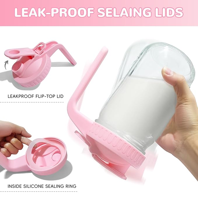 2 PACK Breast Milk Pitcher 32OZ Glass Breastmilk Pitcher with Lids Leak-proof Wide-mouth Mason Jar for Breastmilk, Resistant to Heat or Cold, Freezer-safe(Pink)