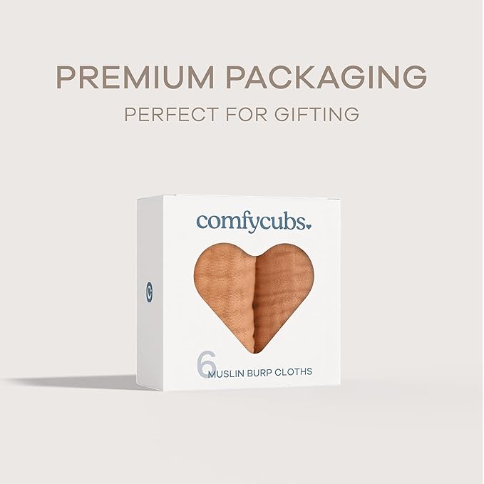 Comfy Cubs Muslin Burp Cloths 20" x 10", Pack of 6 - Large, 6-Layer, Ultra Absorbent 100% Cotton for Baby Drool and Messes - Soft, Safe & Gentle Baby Burp Cloths Set for Boys & Girls - Caramel