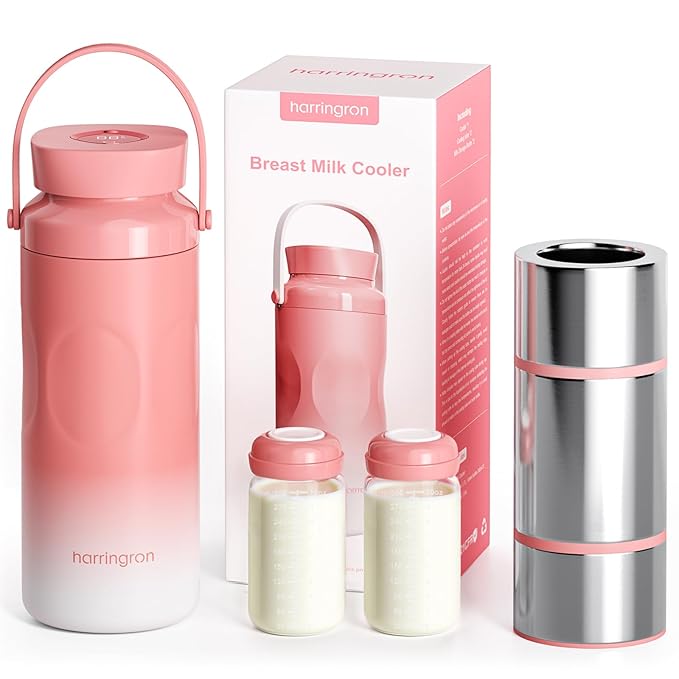 Portable Breast Milk Cooler Bottle - 48 Hours Cold Storage, 22oz Stainless Steel Breastmilk Chiller for Travel, Reusable Milkcooler with 2 Baby Bottles, Outdoor Thermos for Breastfeeding Moms, Pink