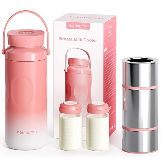 Portable Breast Milk Cooler Bottle - 48 Hours Cold Storage, 22oz Stainless Steel Breastmilk Chiller for Travel, Reusable Milkcooler with 2 Baby Bottles, Outdoor Thermos for Breastfeeding Moms, Pink