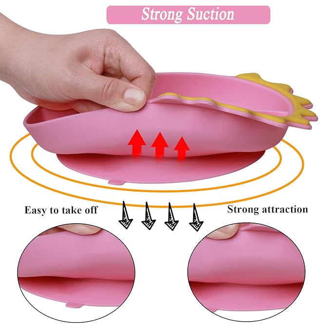 Silicone Suction Plates for Baby Toddler with Stainless Steel Spoon Fork set Divided Dinosaurs Plates Self Feeding Training Baby Dinner Plate-Pink Dinosaurs Plate Set