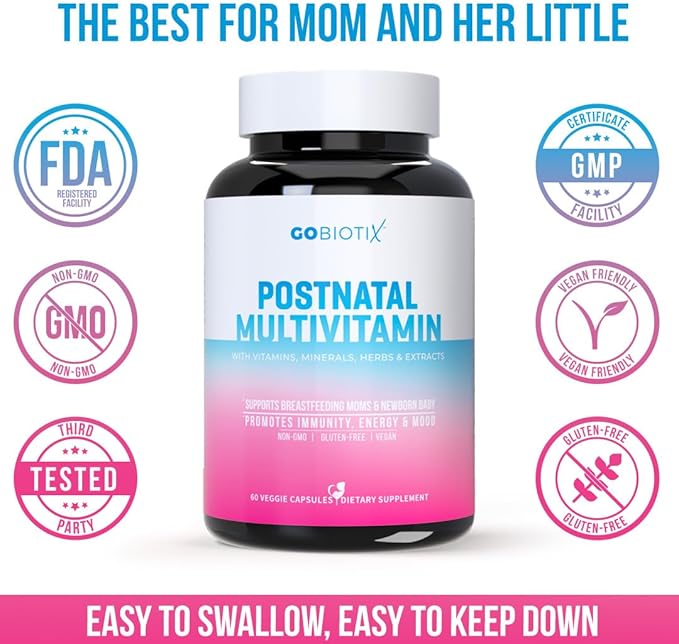 GOBIOTIX Postpartum Vitamins for Breastfeeding Moms - Postnatal Lactation Supplement with Organic Herbs, Minerals, Nutrients for New Mothers and Baby - Postpartum Essentials, Non GMO, Vegan, 60 Caps
