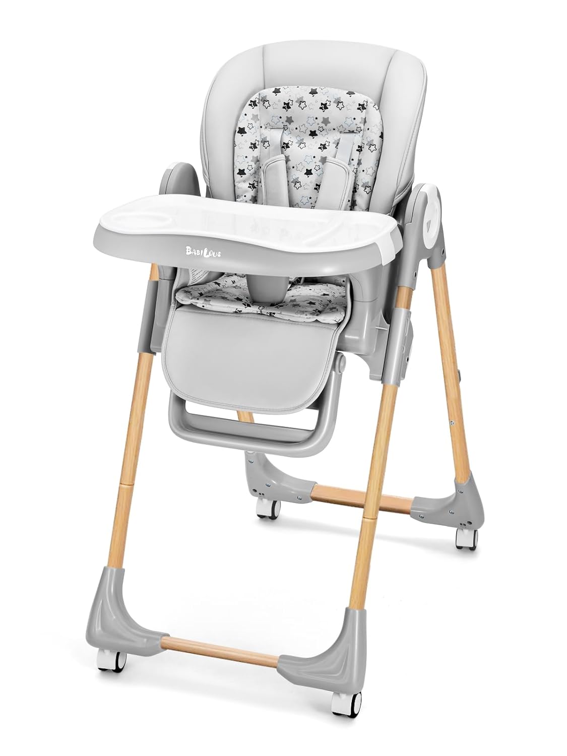 Foldable High Chair with Soft Cushion, High Chairs for Babies and Toddlers, Height Adjustable Feeding Chair, Adjustable Backrest and Footrest, Lockable Wheels, Woodgrain Star Gray