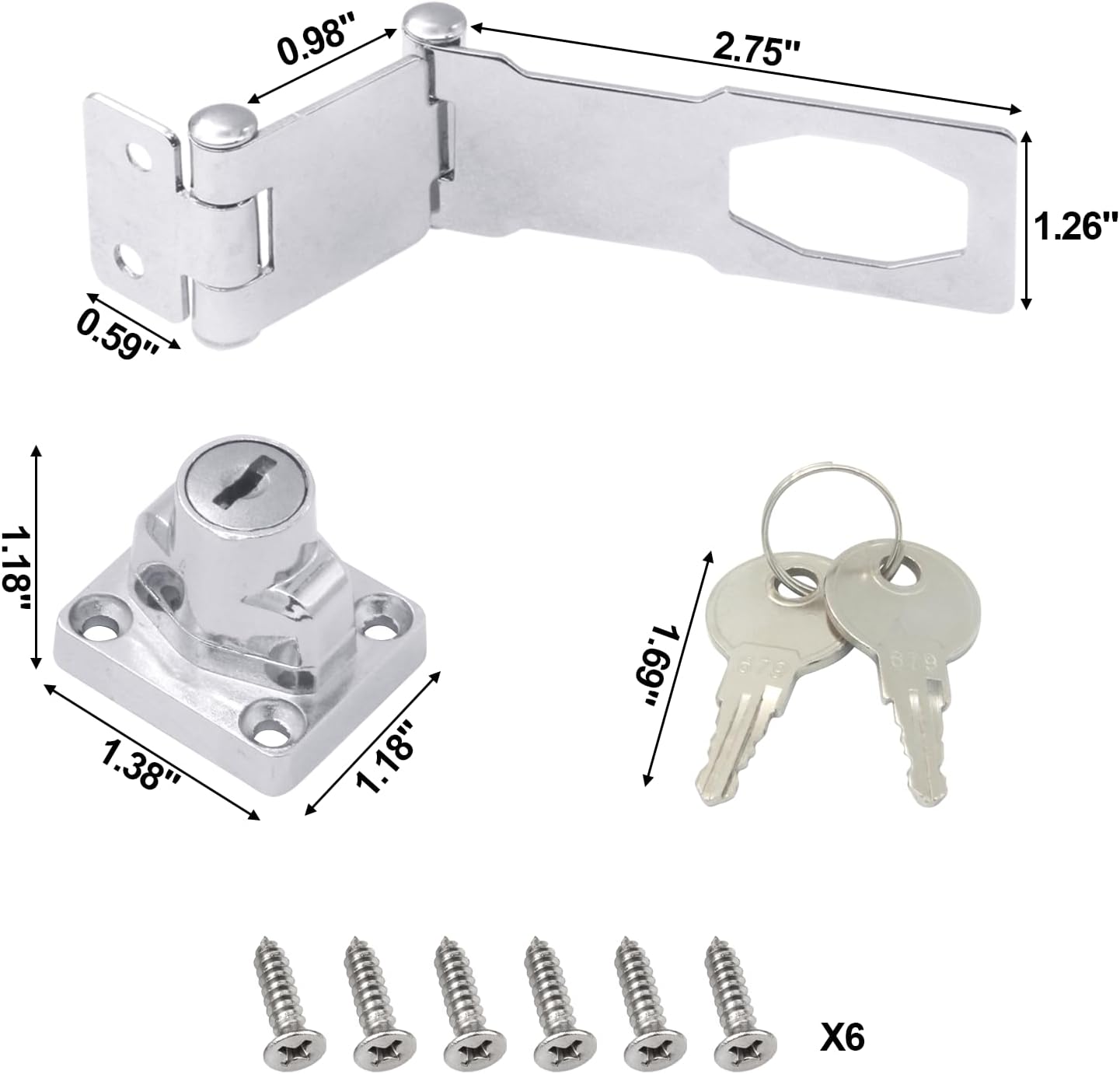 KIBBEH 1 Pack Door Lock Hasp Latchs, Collapsible Solid 304 Stainless Steel File Cabinet Lock Desk Drawer Lock, for 90 Degree and 180 Degree Drawers, Dabinets, Doors, Flip Barn Door (Universal Key)