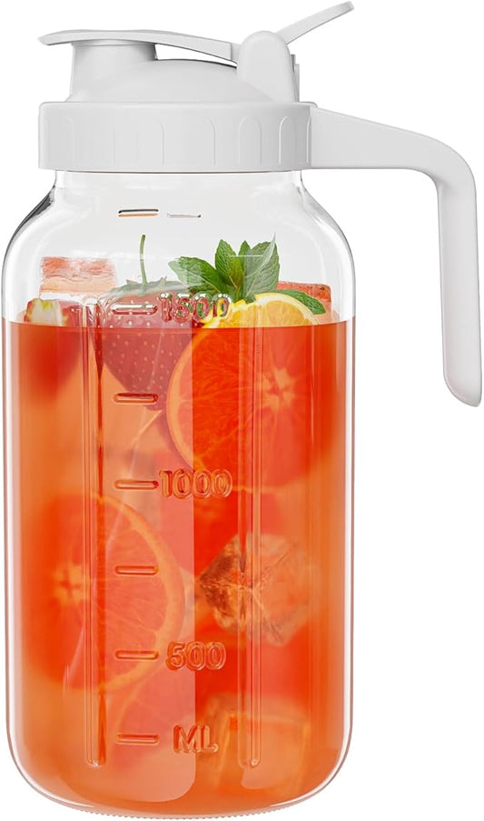 Glass Mason Jar Pitcher, 64 oz Wide Mouth Jug with Pour Spout Handle Lid for Cold Brew Coffee, Ice Beverage, Iced Juice, Lemonade, Sun Tea, Fruit Drinks Container（White）