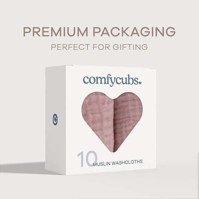 Comfy Cubs Muslin Baby Washcloths 10 Pack - Soft 6-Layer Cotton Wash Cloths for Sensitive Skin - 10"x10" Large, Gentle, Absorbent Infant Essentials for Newborn and Toddlers - Mauve