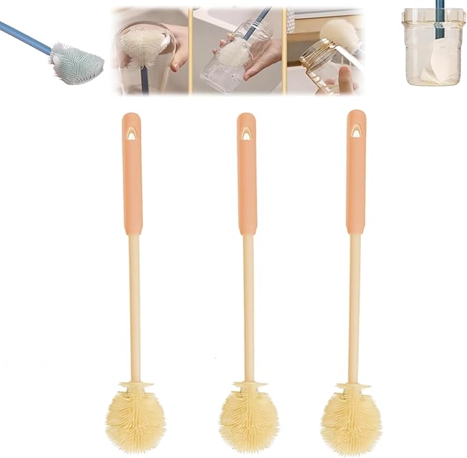 3Pcs 360° Flexible Silicone Bottle Brush with Long Handle Multifunction Flexible, Deep Cleaning for Narrow Neck Bottles, Baby Bottles, Water Bottles (Orange)