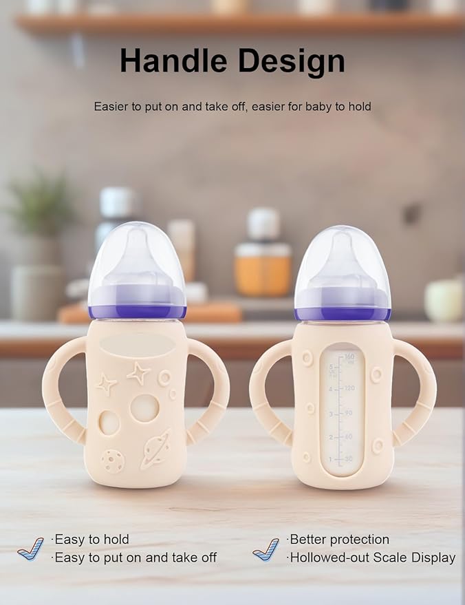 ZCH 4-Pack Silicone Sleeves for Lansinoh Glass Bottles, BPA-Free Drop-Resistant Baby Bottle Sleeves with Handles, Compatible with Lansinoh Anti-Colic Glass Baby Bottles (5 oz)