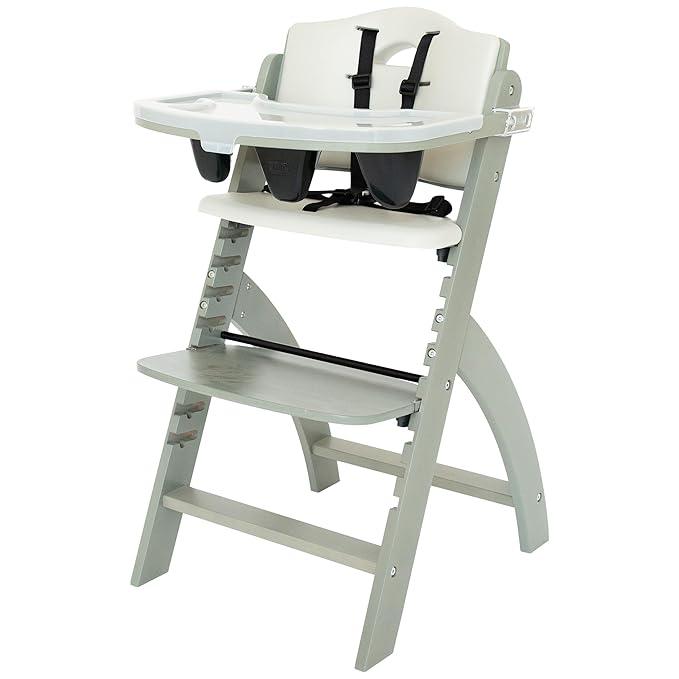 Abiie Beyond Junior Wooden High Chair with Tray - Adjustable and Convertible High Chair for Babies and Toddlers - 6 Months to 250 Lb - Water Resistant - Misty Grey Wood/Dove Grey Cushion