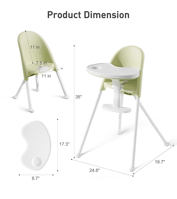 Funny Supply 3-in-1 Cute Folding High Chair, High Chairs for Babies and Toddlers, Modern Space Saving Highchair with Removable Double Tray, Easy to Clean, Light Weight Baby Feeding Chair, Green