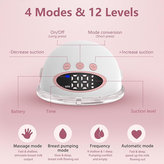 Double Wearable Electric Breast Pump, Hands-Free Breastfeeding Pump with 4 Modes & 12 Levels, Anti-Backflow, LED Display, 10 Breastmilk Storage Bags