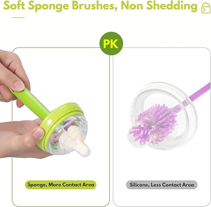 8 Piece Sponge Nipple Bottle Brushes, Baby Bottle Brush with 3 Piece Nipple Cleaner, 3 Piece Replacement Heads and 2 Piece Straw Brushes, Green