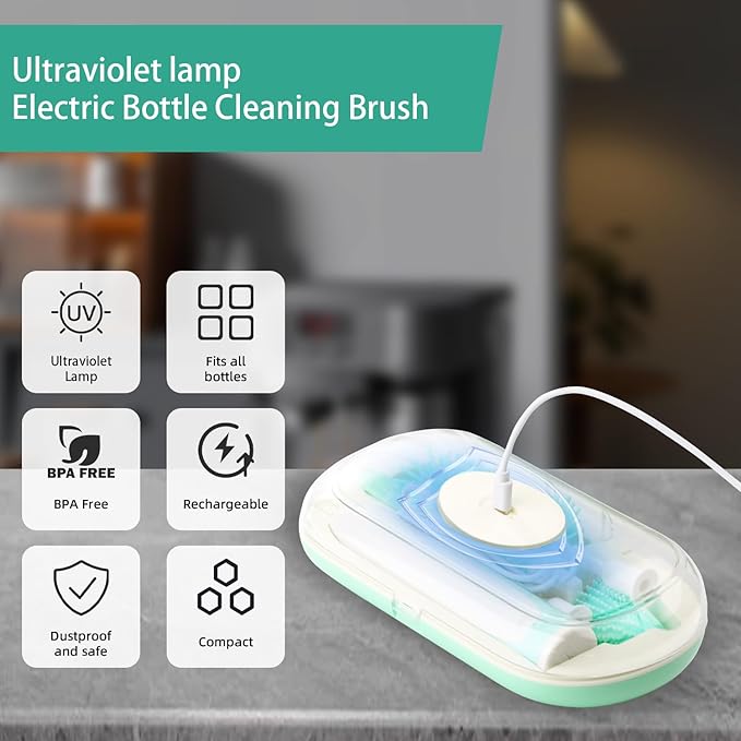Electric Bottle Brush,Electric Baby Bottle Brush Set with Silicone Bottle/Pacifier/Straw Brush and Mixing Head, Water Bottle Cleaner Brush with Drying Rack, 2 Modes & 360° Rotation (Green)
