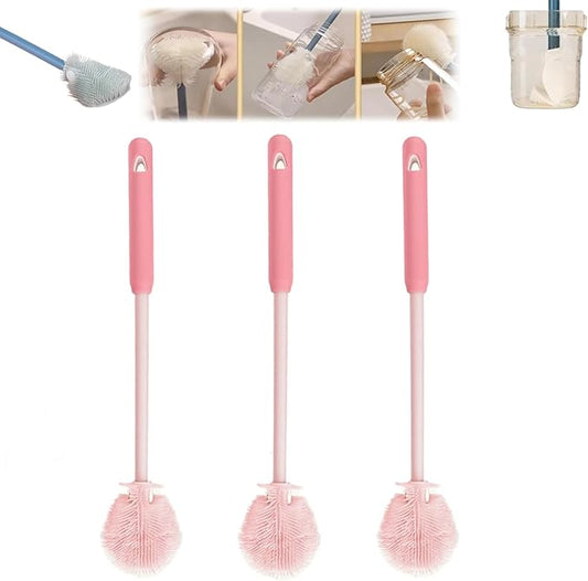 3Pcs 360° Flexible Silicone Bottle Brush with Long Handle Multifunction Flexible, Deep Cleaning for Narrow Neck Bottles, Baby Bottles, Water Bottles (Pink)