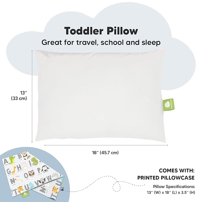 Toddler Pillow with Pillowcase - 13x18 My Little Dreamy Kids Travel Bed Pillows for Sleeping, Organic Cotton Small Pillowcase, Soft & Breathable, Machine Washable, Toddlers 2-5 Years Old (KeaABC)