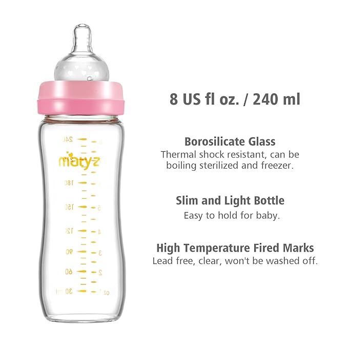 Matyz 8 Ounce Glass Baby Feeding Bottle With Nipple - Light and Slim, Easy to Hold and Clean - Food Grade Borosilicate Glass, Wide Neck for Breastmilk Feeding, No BPA (Pink Lids)