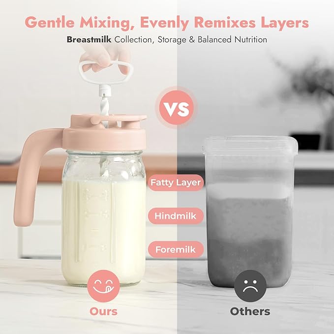 Papablic Glass Breastmilk Pitcher, Formula Mixing Pitcher with Mixing Handle Lid, Wide Mouth Mason Jar Mixer with Flip Locking Spout, Easy to Clean, BPA Free, Pink