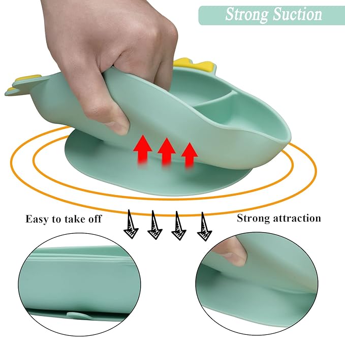 Silicone Suction Plates for Baby Toddler with Spoon Fork set Divided Dinosaurs Plates Self Feeding Training Baby Dinner Plate-Green Dinosaurs Plate Set