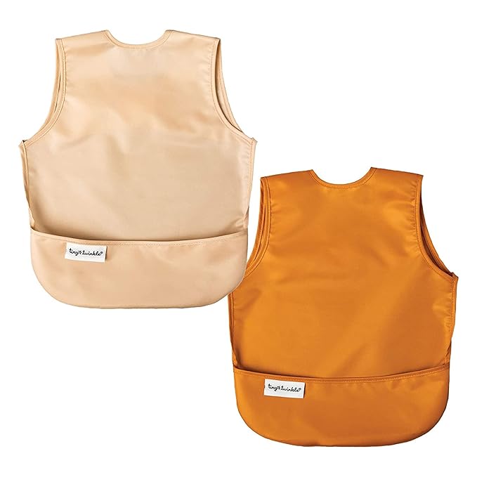Tiny Twinkle Short Sleeve Apron Bibs for Babies & Toddlers – 2 Pack Waterproof, Mess-Proof Baby Bibs for Eating & Feeding, Machine Washable,Perfect Holiday Gift(Sand Cinnamon, 6–24M)