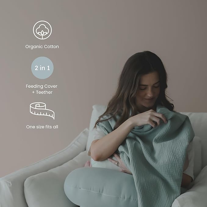 snuggle me® Nursing Cover - 100% Organic Cotton Muslin Nursing Cover Up for Breastfeeding with a BPA-Free Silicone Teether Ring, Ultra-Soft & Lightweight (33.5″ × 39.4″)