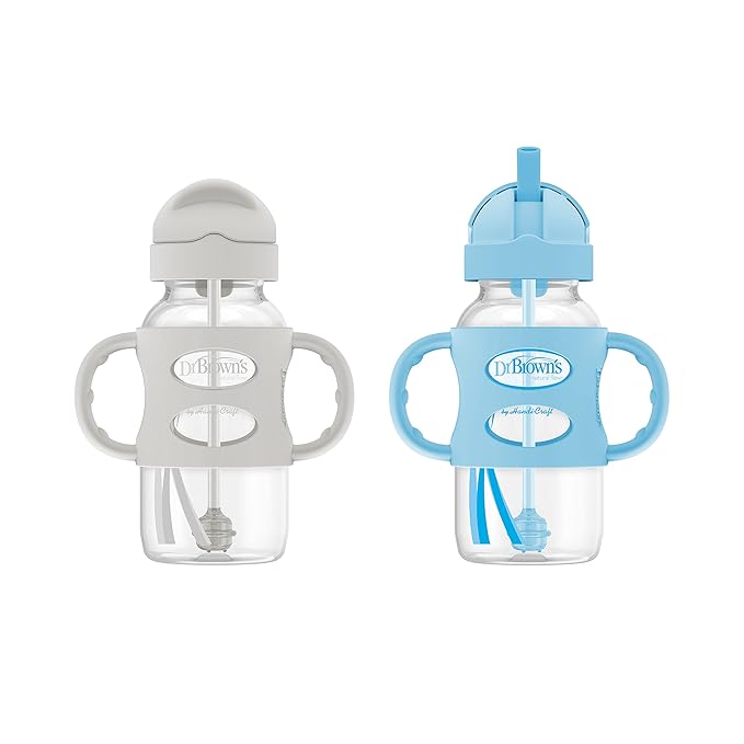 Dr. Brown's Milestones Wide-Neck Sippy Straw Bottle with 100% Silicone Handles and Weighted Straw, 9 oz/270 mL, Gray & Blue, 6m+