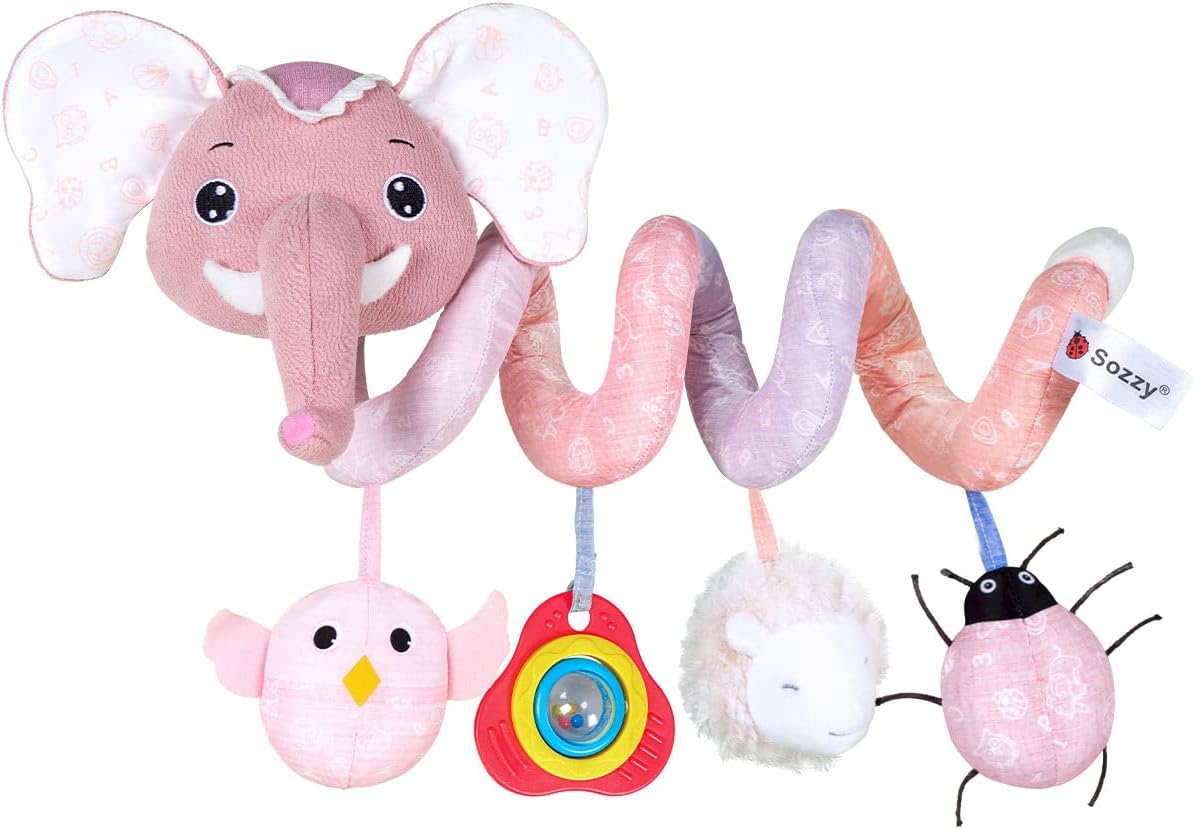Jollybaby Baby Car Seat Stroller Toys, Plush Activity Hanging Spiral Activity Pram Crib with Music Box, Rattles, Squeaker for Babies Infant Boys Girls(SZ Pink Elephant)