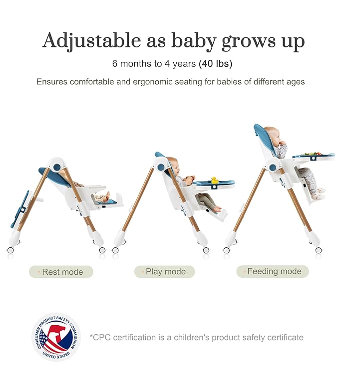 Mallify Foldable High Chairs for Babies and Toddlers, 3-in-1 Convertible Baby High Chair with Removable Soft Cushion and Tray, Adjustable Height & Recline, Lockable Wheels, Dark Blue