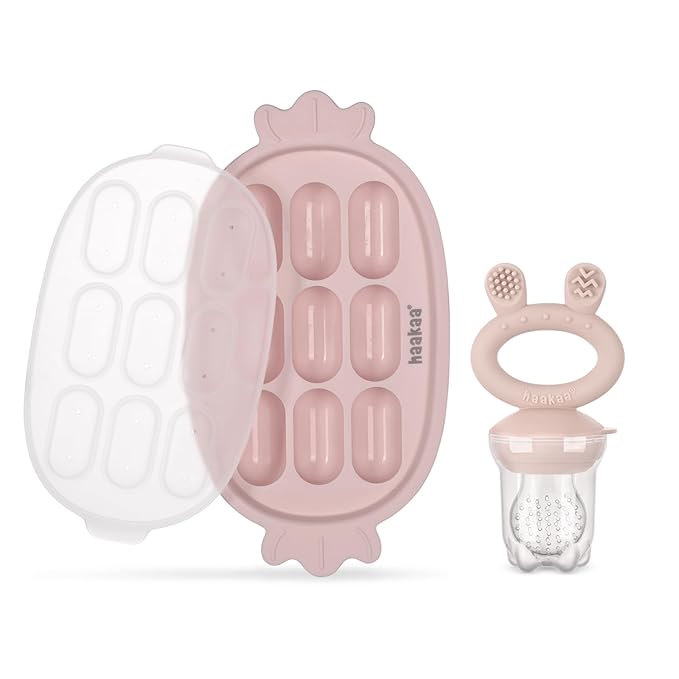 Haakaa Baby Fruit Food Feeder & Silicone Freezer Nibble Tray Combo - Breastmilk Popsicle Mold for Baby Cooling Relief, BPA Free Baby Mesh Food Feeder for Infant Self Feeding