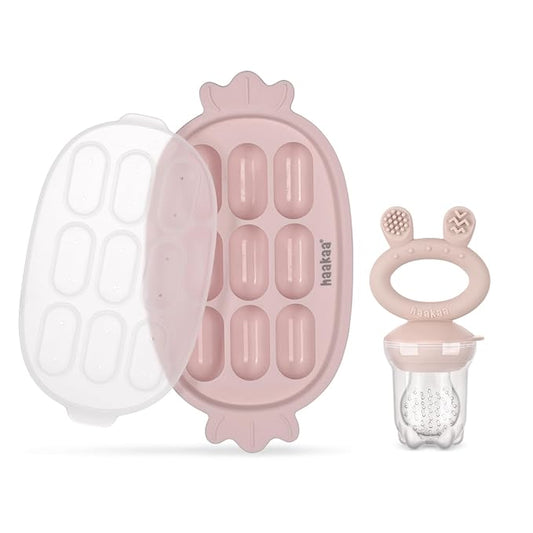 Haakaa Baby Fruit Food Feeder & Silicone Freezer Nibble Tray Combo - Breastmilk Popsicle Mold for Baby Cooling Relief, BPA Free Baby Mesh Food Feeder for Infant Self Feeding