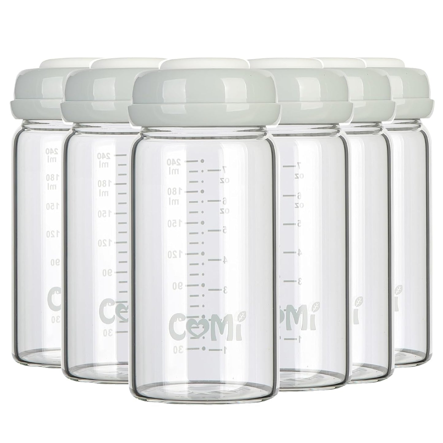 COMI Wide Neck Glass Breastmilk Collection n Storage Bottle, 8oz with Screw Ring Sealing Disk; Re-markable Sealing Disc. BPA Free, Fits Breast Pumps & Nipples (6 Gray Lids)