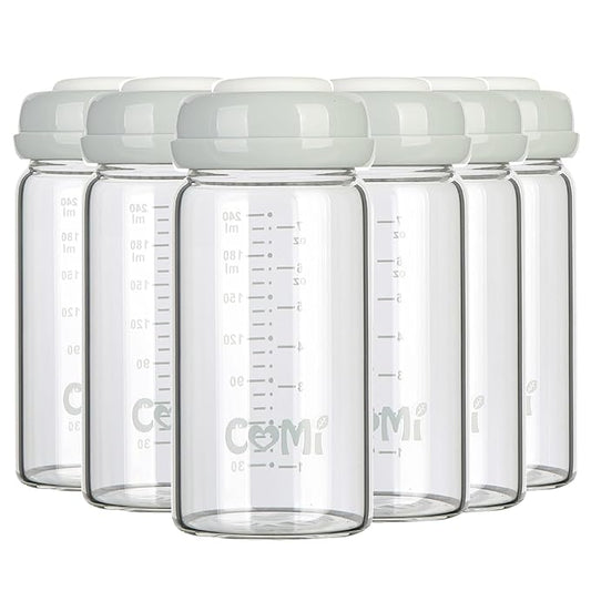 COMI Wide Neck Glass Breastmilk Collection n Storage Bottle, 8oz with Screw Ring Sealing Disk; Re-markable Sealing Disc. BPA Free, Fits Breast Pumps & Nipples (6 Gray Lids)