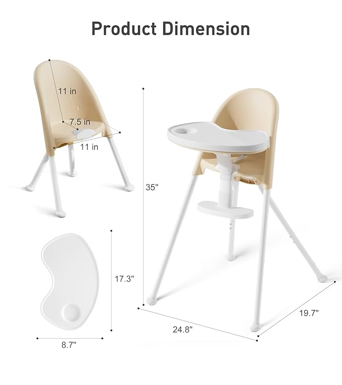 Funny Supply 3-in-1 Cute Folding High Chair, High Chairs for Babies and Toddlers, Modern Space Saving Highchair with Removable Double Tray, Easy to Clean, Light Weight Baby Feeding Chair, Cream