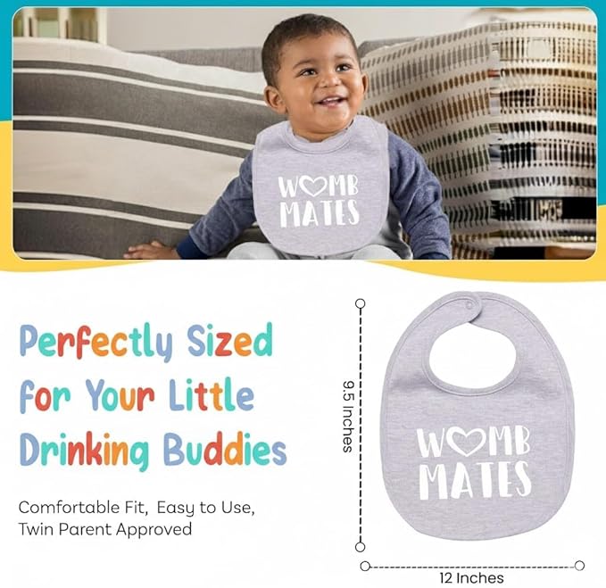 100% Cotton Drinking Buddies Twin Bibs Cute & Practical Unisex Bibs for Twins with Waterproof, Durable, for Everyday Use