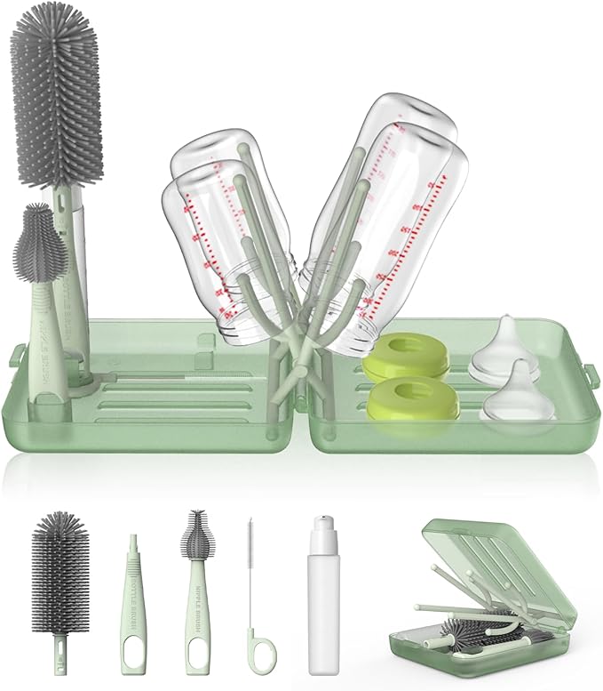 YOTIME Travel Bottle Brush Set, Auto-Open Rack & Vertical Brushs Drying Slots, 3 Brushes, Foldable Drying Rack, Dispenser, Travel Baby Essentials for On-The-Go Parents, Green