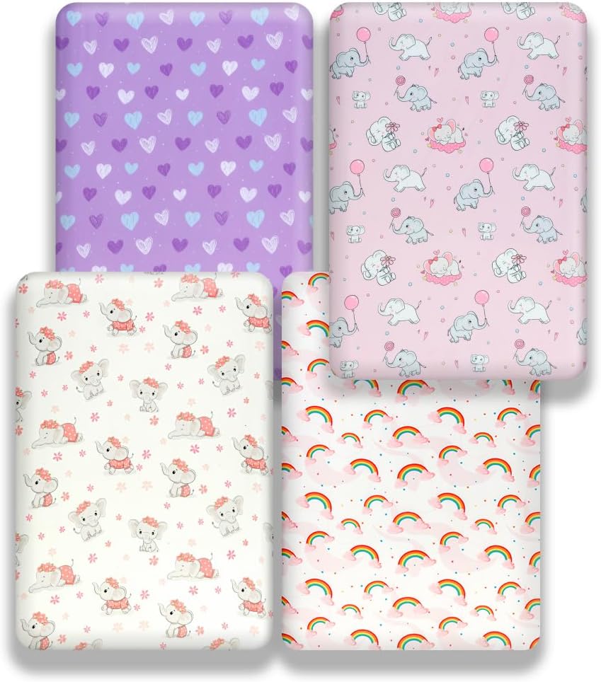4 Pack Baby Girl Crib Sheets Set Soft Fitted Floral or Elephant Theme Baby Girl Mattress Covers Breathable Toddler Bed Sheets for Infant or Newborn Girls (Elephant, Crib Sheets)