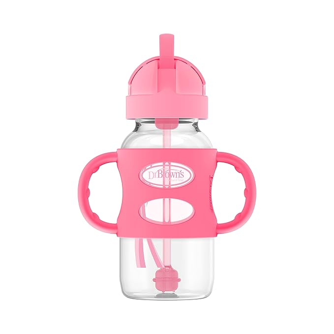 Dr. Brown's Milestones Wide-Neck Sippy Straw Bottle with 100% Silicone Handles and Weighted Straw, 9 oz/270 mL, Gray & Pink, 6m+, 2 Count (Pack of 1)