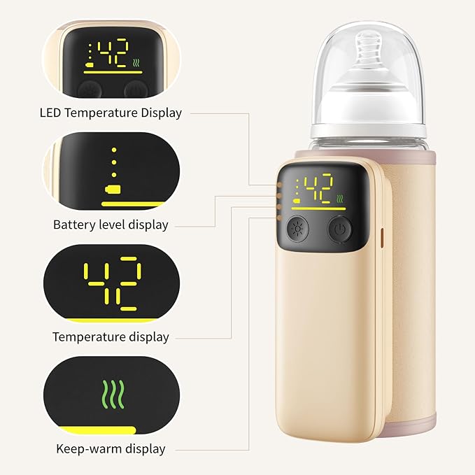 Portable Baby Milk Bottle Warmer for Breastmilk and Formula Feeding,Travel Baby Bottle-Feeding Breast Milk Waterless Warmer,Rechargeable 6000 mAh Battery,Digital Display,Bottle Warmer On the Go