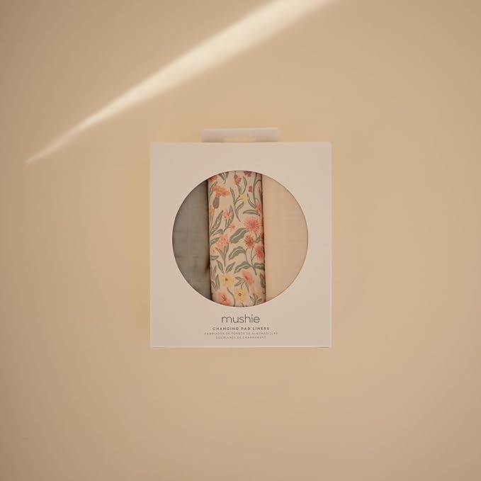mushie Waterproof Changing Pad Liners | 100% Organic Cotton | Set of 3 (Pastel Blooms Combo)